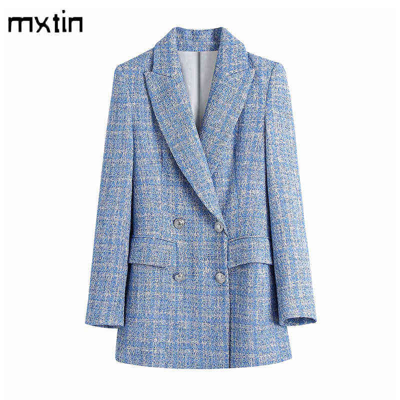 Women's Vintage Plaid Double Breasted Tweed Blazers Coat Women Elegant Office Ladies Long Sleeve Female Outerwear Blaser 211122