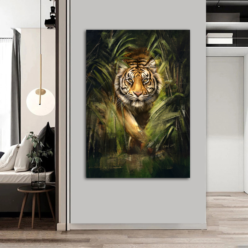 

Cool Tiger In The Jungle Animal Posters Wall Art for Living Room Home Decor Modern Painting Canvas Prints HD Pictures Quadros