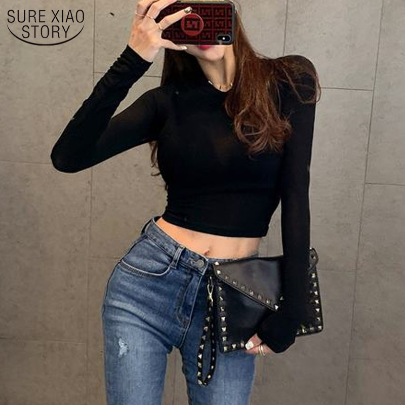 Spring Sexy T Shirt Women Elasticity T-Shirt Korean Style Woman Clothes Slim Tshirt Casual Long Sleeve Tops 210510