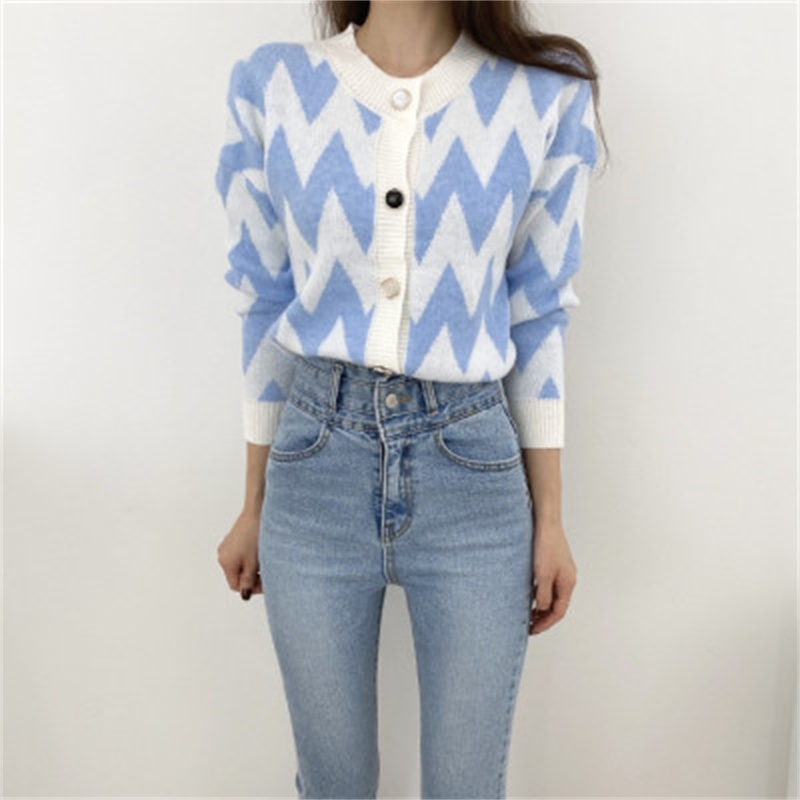 Geometric Knitted Korean Cardigans Sweaters Women Autumn Single Breasted Long Sleeve Tops Fashion Ladies Vintage Jumpers 210514
