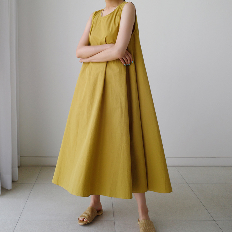 Casual Sleeveless Solid Color Drawstring Round Neck A-E Midi Dress