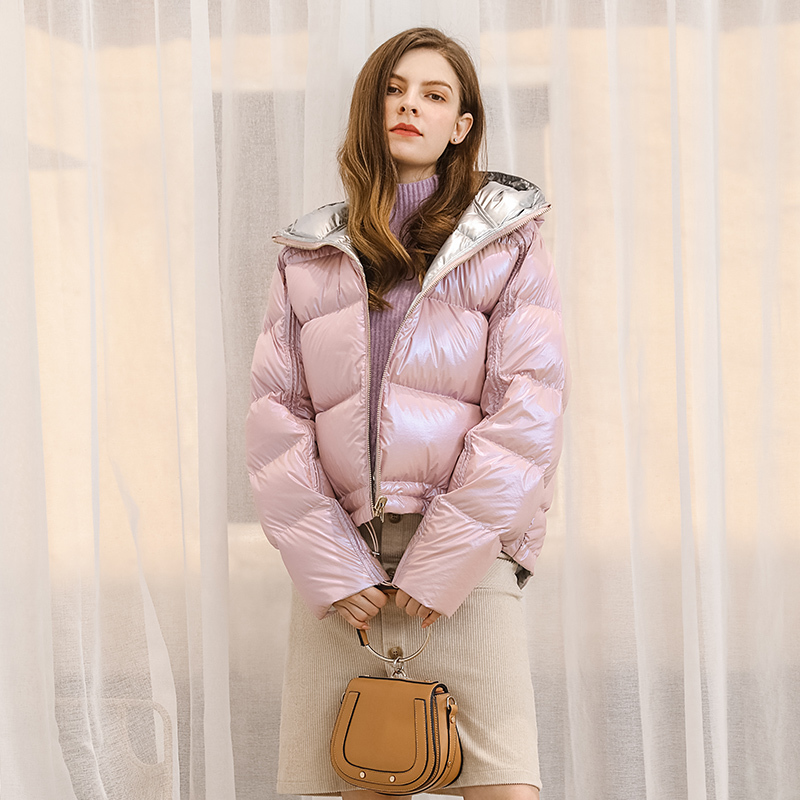 Gold Silver Double Sided Down Coat Winter Jacket Women Hooded White Duck Parkas Female Loose Warm Snow Outerwear 210430