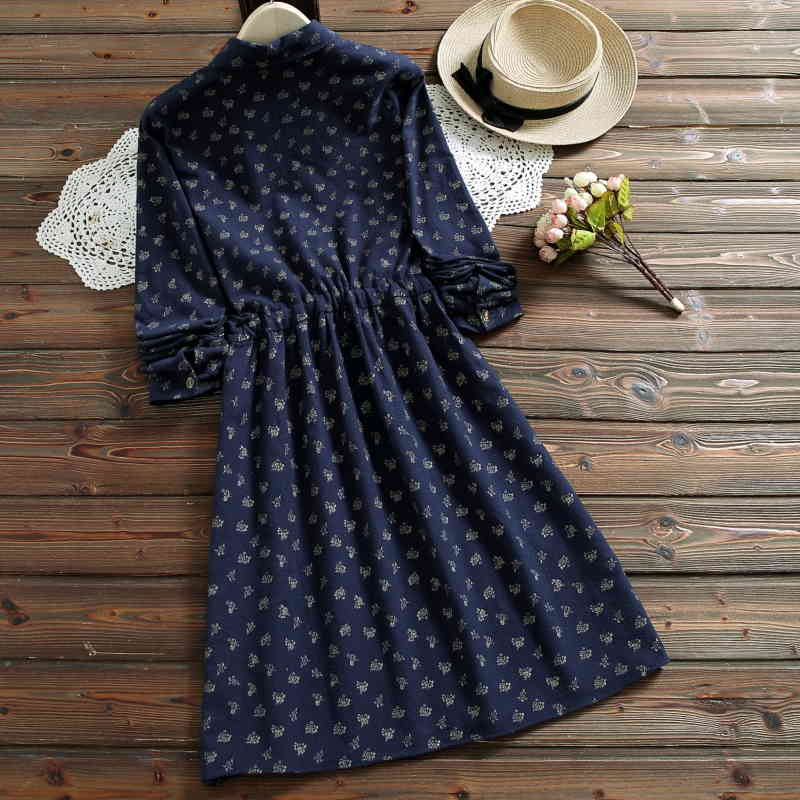 Female Autumn Winter Dress Single-breasted Vintage Floral Print Vestidos Bow Long Sleeve Women Corduroy es 210514