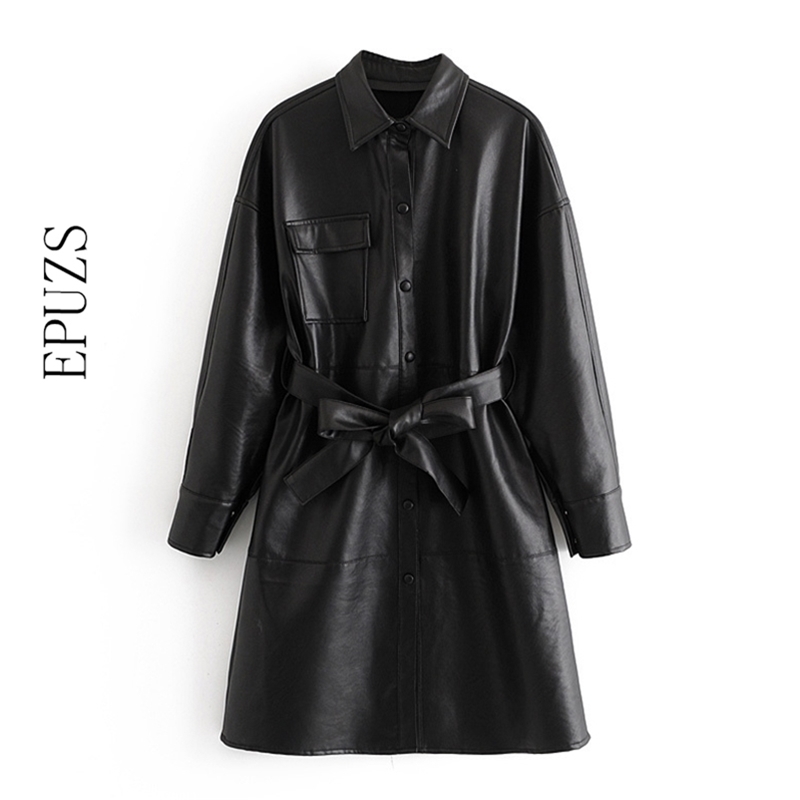 winter belt Faux Leather Jacket women long coat sleeve Motorcycle Coat ladies black leather spring 210521