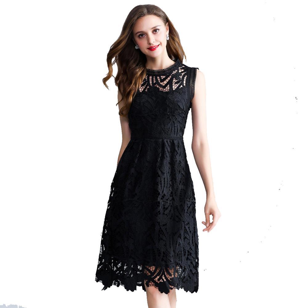 summer new European and American large size women's solid color sleeveless openwork embroidery lace A word dress 210409