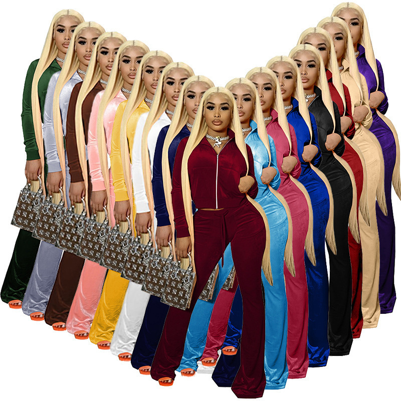 Women Velvet Tracksuits Solid 2 Piece Outfits Zipper Front Pocket Long Sleeve Jacket+bell Bottom Wid Leg Pant Matching Set 15 colors, Mix sizes
Women Velvet Tracksuits Solid 2 Piece Outfits Zipper Front Pocket Long Sleeve Jacket+bell Bottom Wid Leg Pant Matching Set 15 colors, Mix sizes