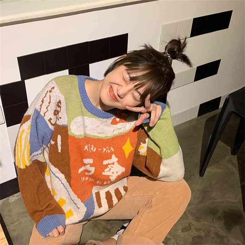 autumn winter Korean style loose Knitted warm Sweaters Women muilt-color patchwork women sweaters and pullovers (F1463 210423