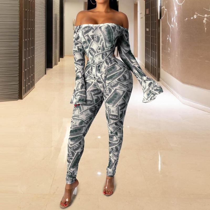 Gym Clothing Adogirl Money Dollar Print Sheer Mesh Jumpsuit Women Sexy Off Shoulder Long Flare Sleeve Skinny Romper Night Club Overall Outfi от DHgate WW