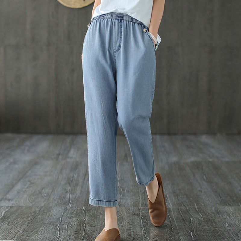 Johnature Simple Leisure Pockets Elastic Waist Denim Harem Pants Summer Comfortable All-match Women Ankle-length Pants 210521, Blue
Johnature Simple Leisure Pockets Elastic Waist Denim Harem Pants Summer Comfortable All-match Women Ankle-length Pants 210521, Blue