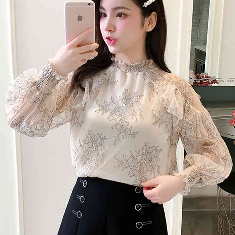 Women Blouse Lace Shirt Autumn Long Sleeves Transparent Hollow Out Flower embroidery Female Tops Blusa 603J 210420
