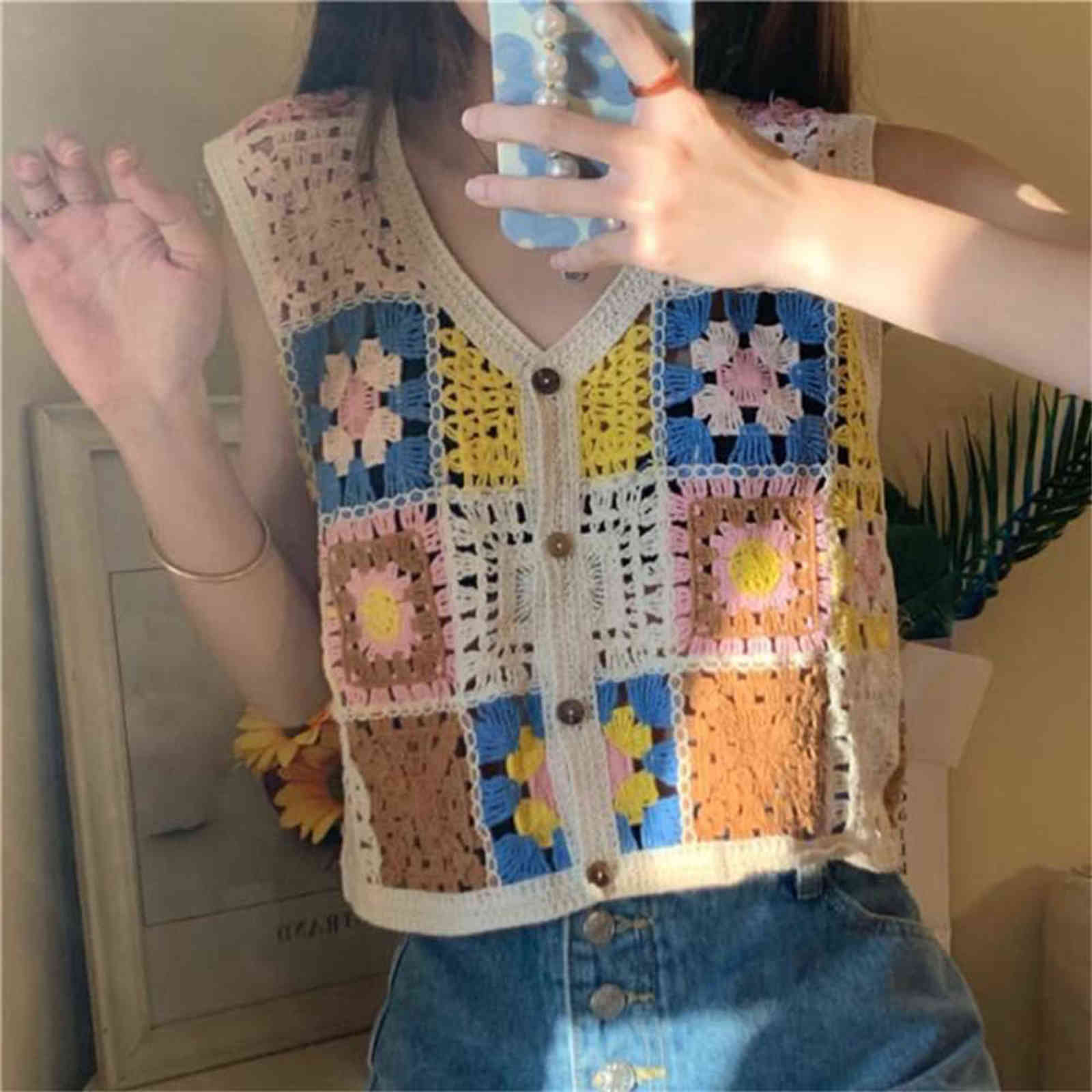 Bohemian Floral Embroidery Crochet Vest Women Sleeveless Waistcoat Summer Knit Vests Crop Top Vintage Chaleco Mujer 211120