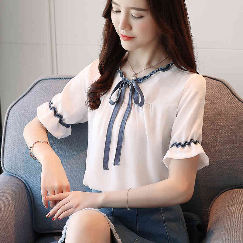 sweet lady style fashion blouse shirt bow short sleeved blouses white women tops casual slim summer shirts 0551 40 210506