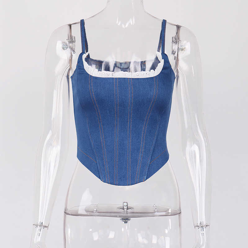 DEAT Women Outer Denim Camis Sexy Solid Color Fish Bone Corset Slim Fashion Spring Summer 11B458 210709