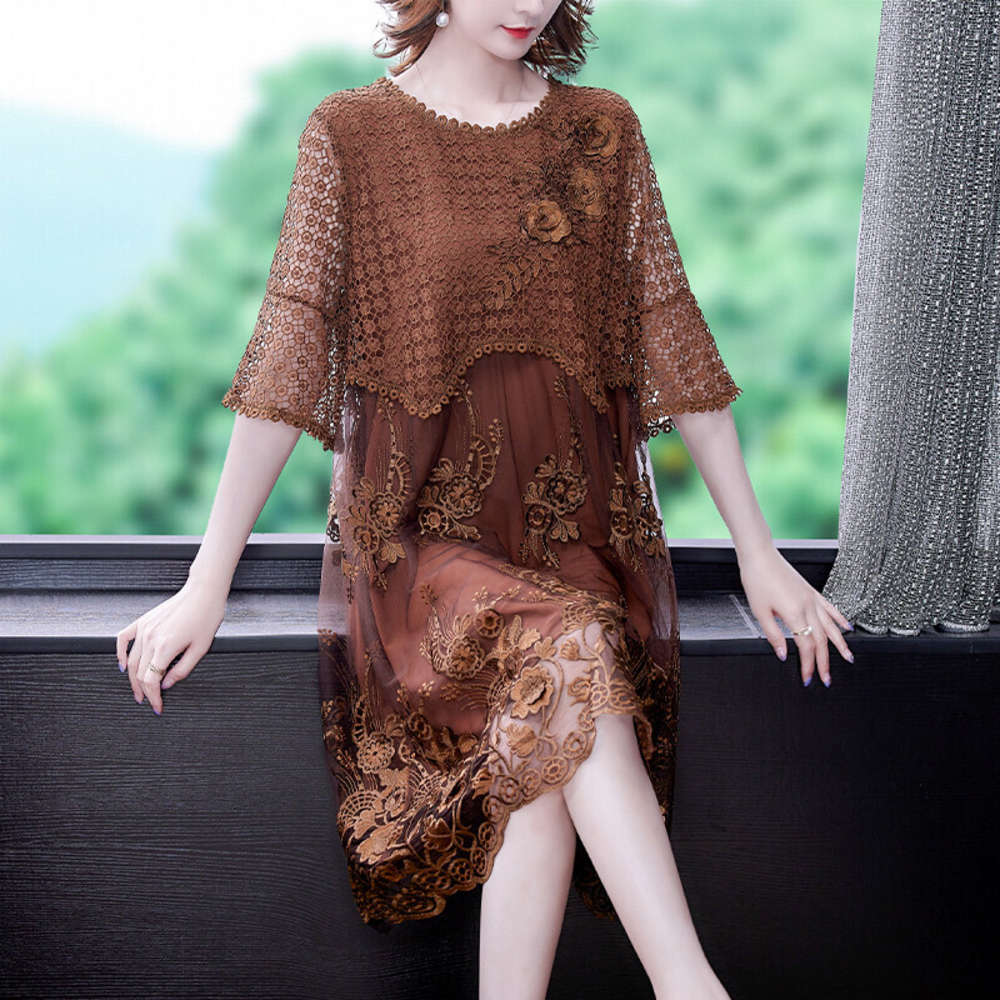 dress summer middle aged mother luxury young silk high end women's wear spring and Autumn, Brown
dress summer middle aged mother luxury young silk high end women's wear spring and Autumn, Brown