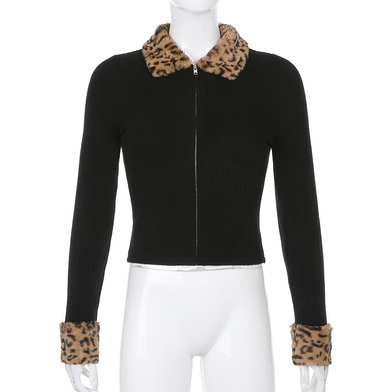 Vintage Faux Fur Leopard Lapel Rib Knitting Cardigan Women Long Sleeve Zipper Crop Sweater Short Slim Jumper Knitwear 210429