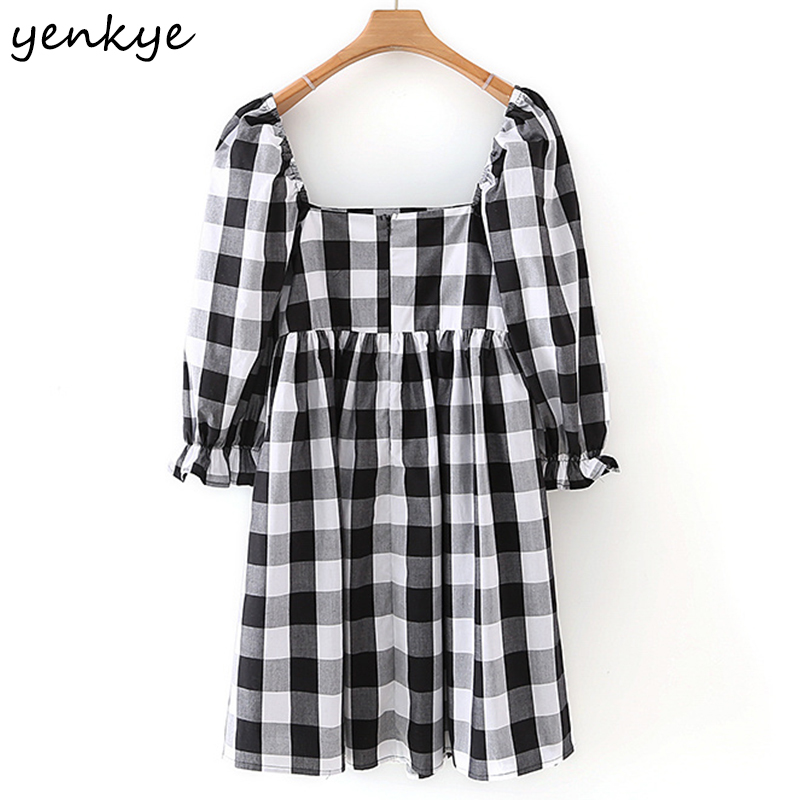 Vintage Plaid Dress Elegant Women Sexy Square Neck Puff Sleeve A-line Cotton Casual Summer Short Vestido 210430