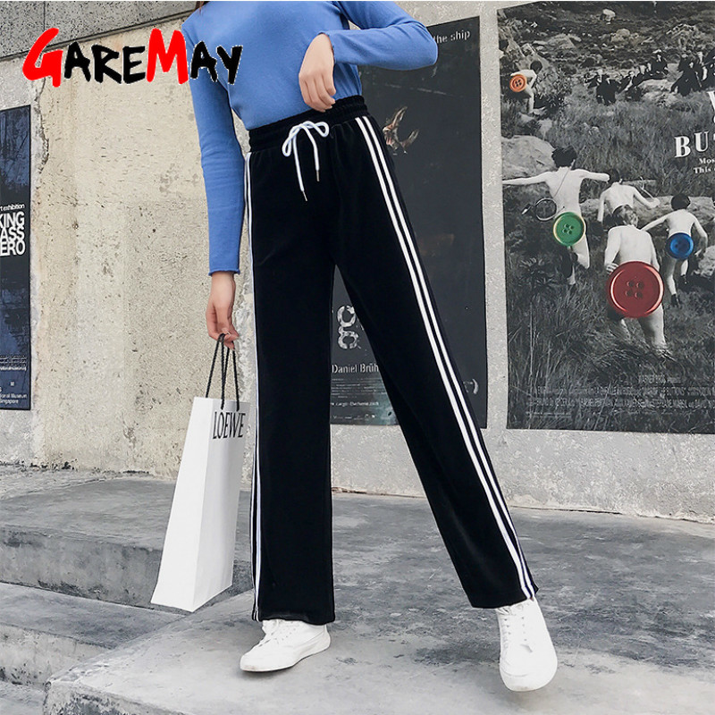 Gold Velvet Wide Leg Pants Women's High Waist Straight Floor Length Pant Loose Casual Sports Trousers Large Women Wear 210428