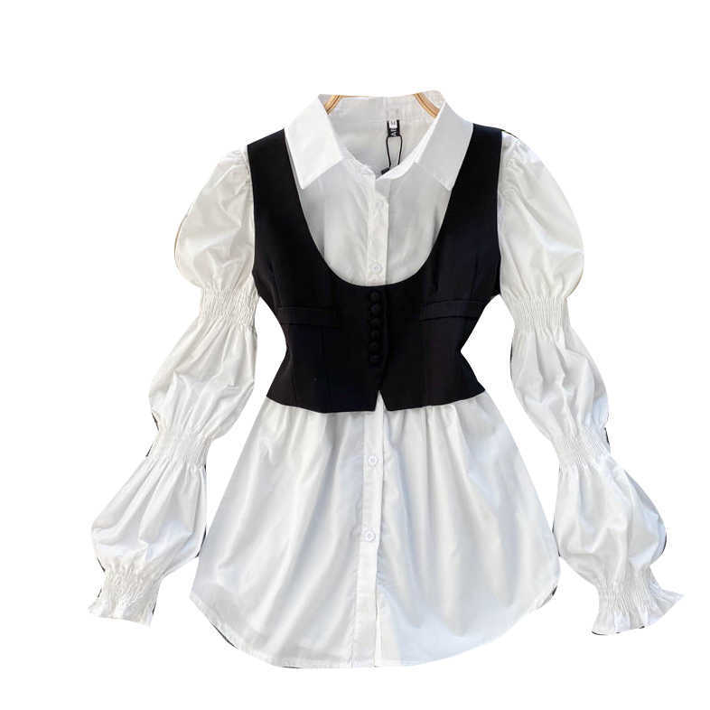Women Korean Fashion Long Sleeve Shirt + High Street Slim Vest Two-piece Sets R652 210527