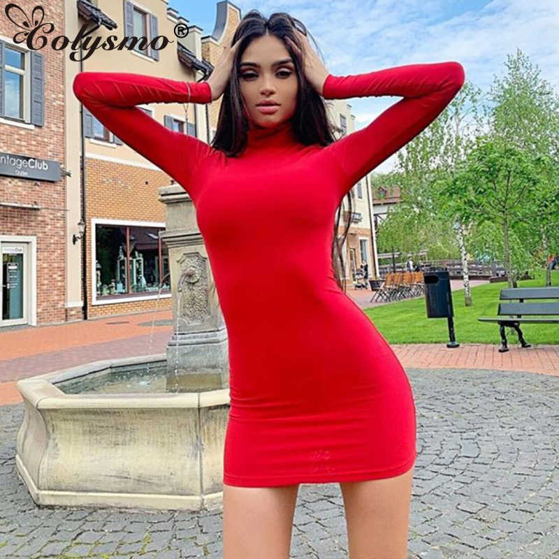 Colysmo Bodycon Sexy Dress Turtleneck Long Sleeve Elegant Women Party Mini es Nightclub Solid Casual Slim Vestidos 210527