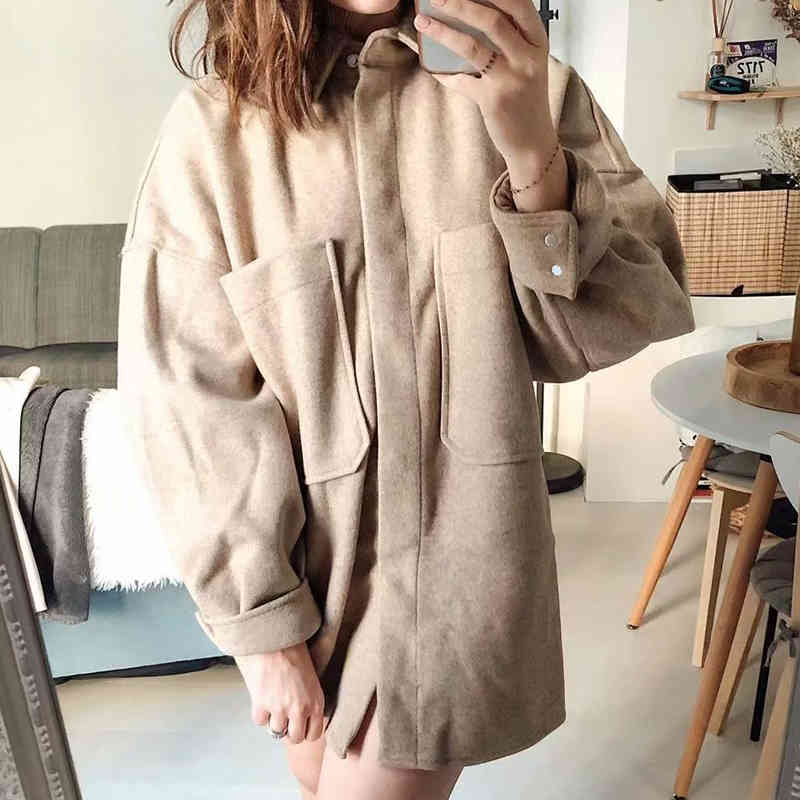 Evfer Women Fashion Double Big Pockets Hm Khaki Long Shirt Jackets Female Casual Sleeve Turn-Down Collar Outwear Oversize 210421
