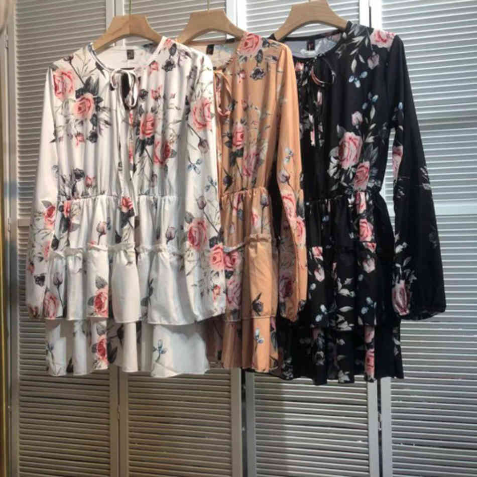 Free Spring Women's Printed Dress Elegant Round Neck Lantern Sleeve A-line Celebrity Club Party es 210524