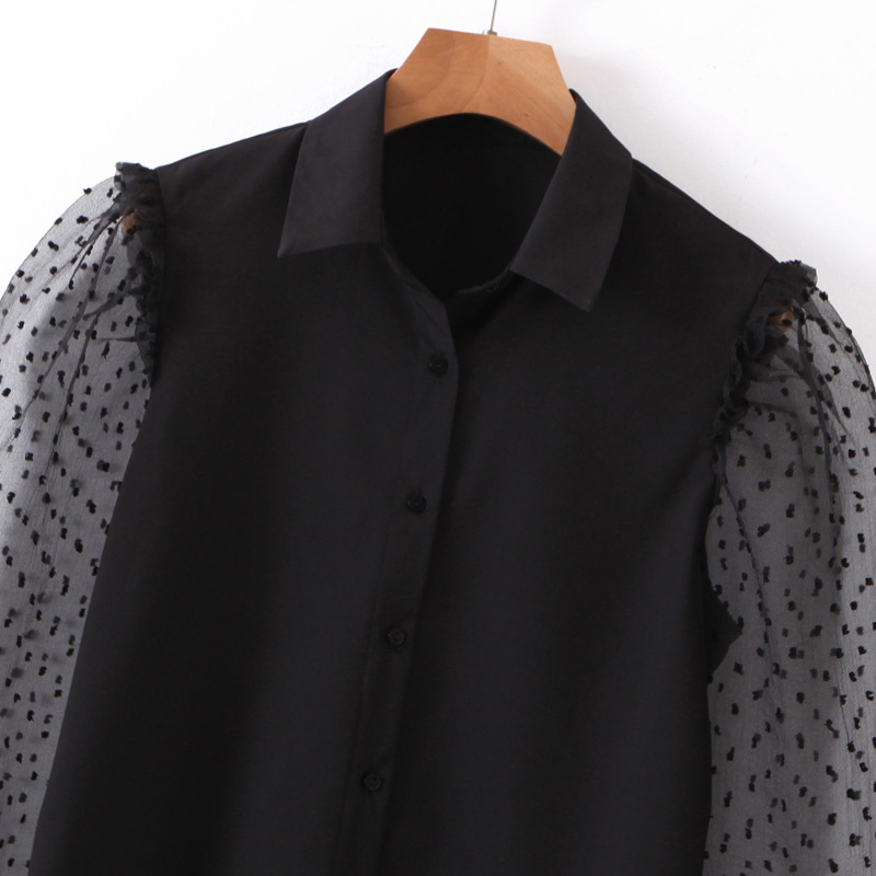 Vintage Loose Spliced Blouses Women Fashion Turn Down Collar Shirts Elegant Ladies Buttons Dot Mesh Sleeve Tops 210520