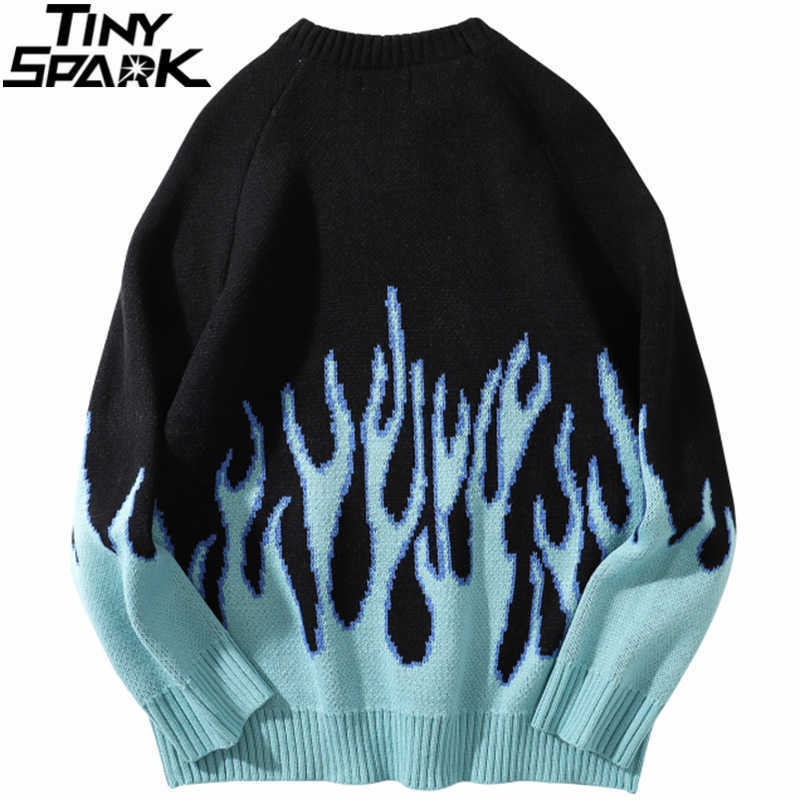 Hip Hop Mens Streetwear Harajuku Knitted Sweater Blue Fire Flame Autumn Sweater Pullover Loose HipHop Retro Vintage Cotton 210813wtt