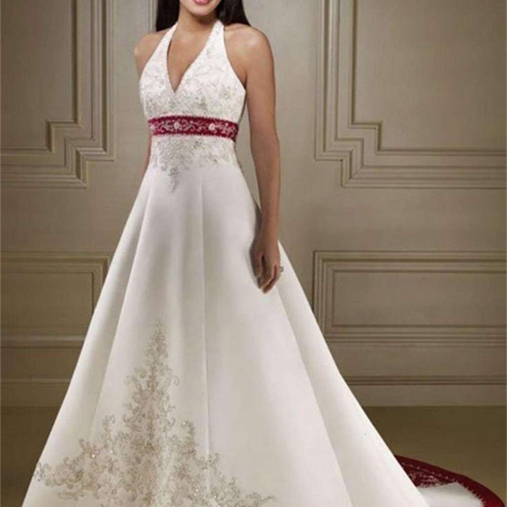 Hot Selling White and Red Embroidery Wedding Dresses New Beaded Sweep Train Sleeveless A-Line Satin Halter Bridal Gowns Custom Made W889, Custom color
Hot Selling White and Red Embroidery Wedding Dresses New Beaded Sweep Train Sleeveless A-Line Satin Halter Bridal Gowns Custom Made W889, Custom color