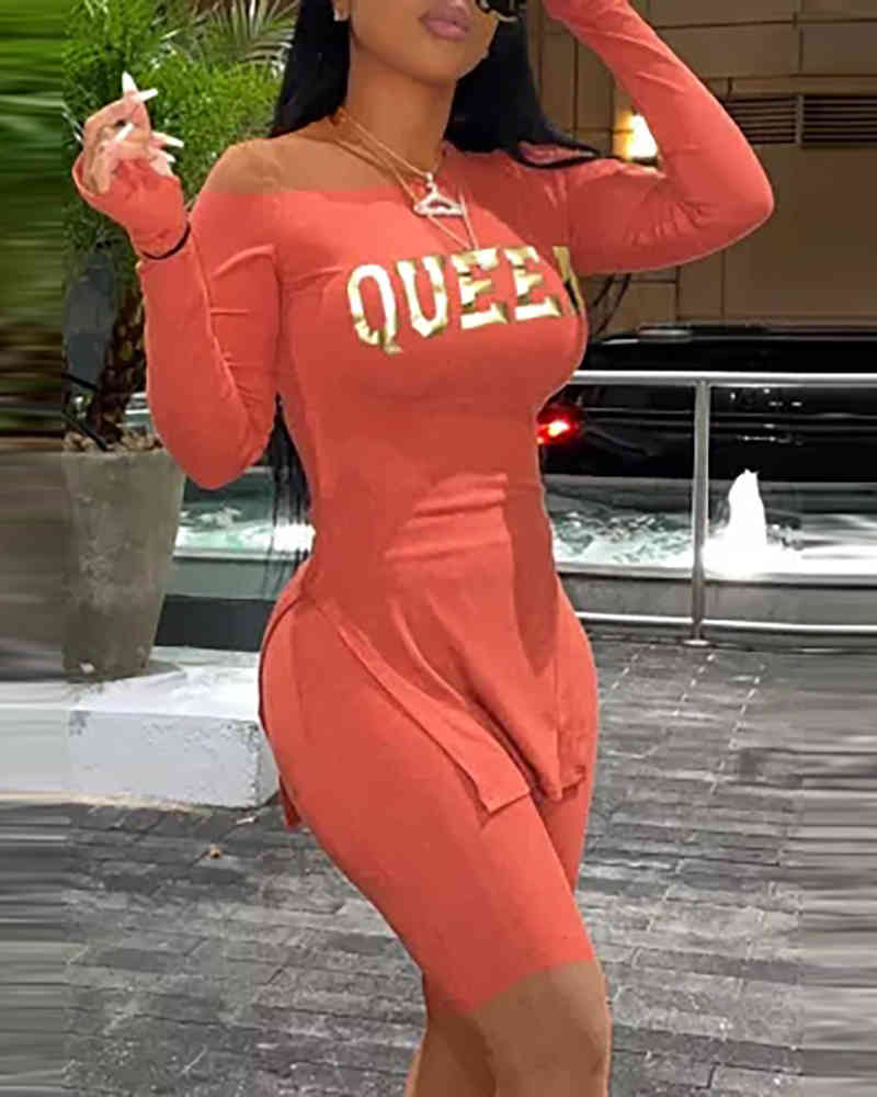 Summer Women Letter Print Top & Leggings Set New Female Slit One Shoulder Top & Sporty Shorts Set Ladies Casual Clothing 210415