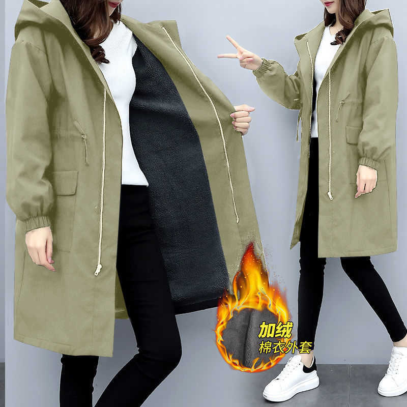 Trench Coats Women Autumn Winter Hooded Drawstring Pocket Zipper Long Outwear Plus Size Elegant Ladies Thicken Windbreaker 210526