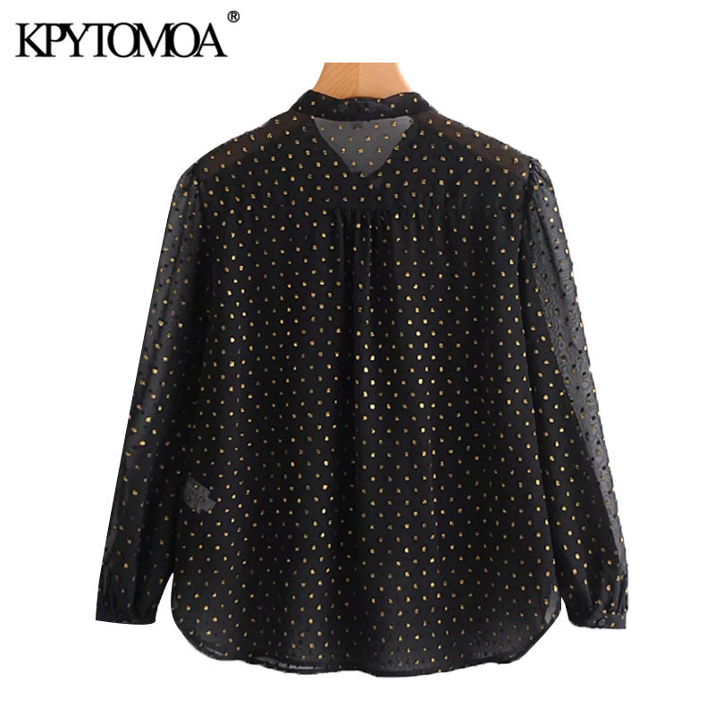 Women Fashion Semi-Sheer Bow Tied Dot Chiffon Blouses Long Sleeve With Lining Female Shirts Chic Tops 210420