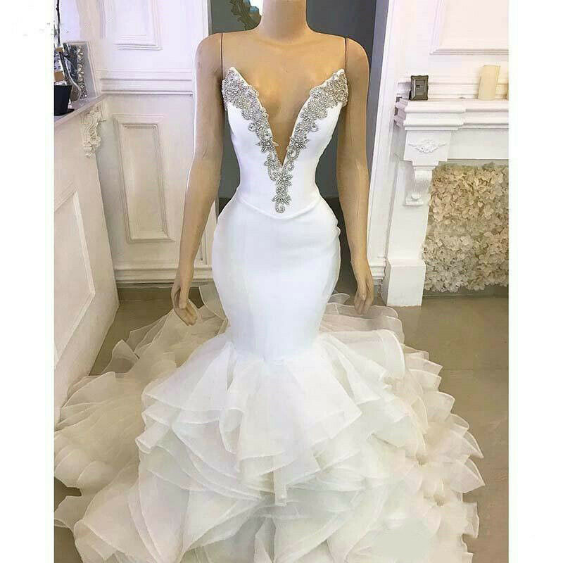 Elegant Strapless crystal Mermaid Wedding Dresses Ruffles Sweep Train Bridal Gowns robe de mariée