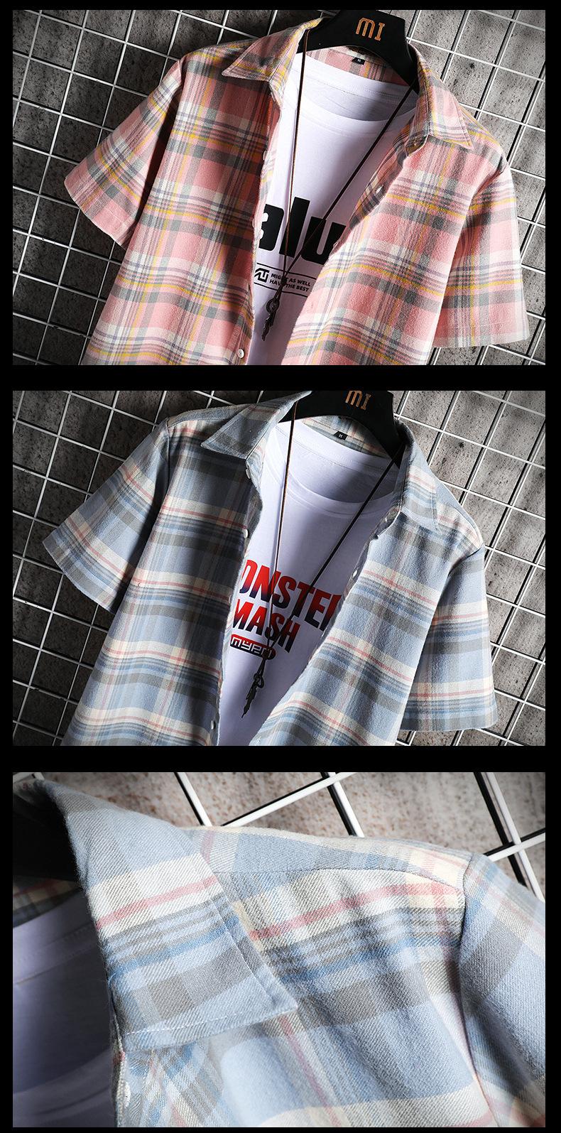 Harajuku Fashion Mens Plaid Shirts Short Sleeve Cotton Striped Male Streetwear Summer Tops Dress Chemise Homme Plus Size Men's Casual