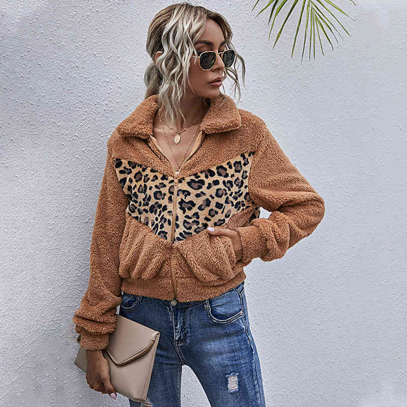 Leopard Patchwork Teddy Cashmere Jacket Women Autumn Winter Short Plush Coat Pocket Warm Fleece Jacket For Women New 210413