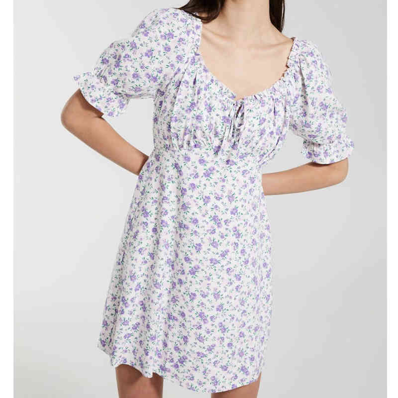 Fashion Women Sweet Floral Print Dress Female Sexy V Neck Short Sleeve Robe Femme A-line Mini Summer Holiday 210430