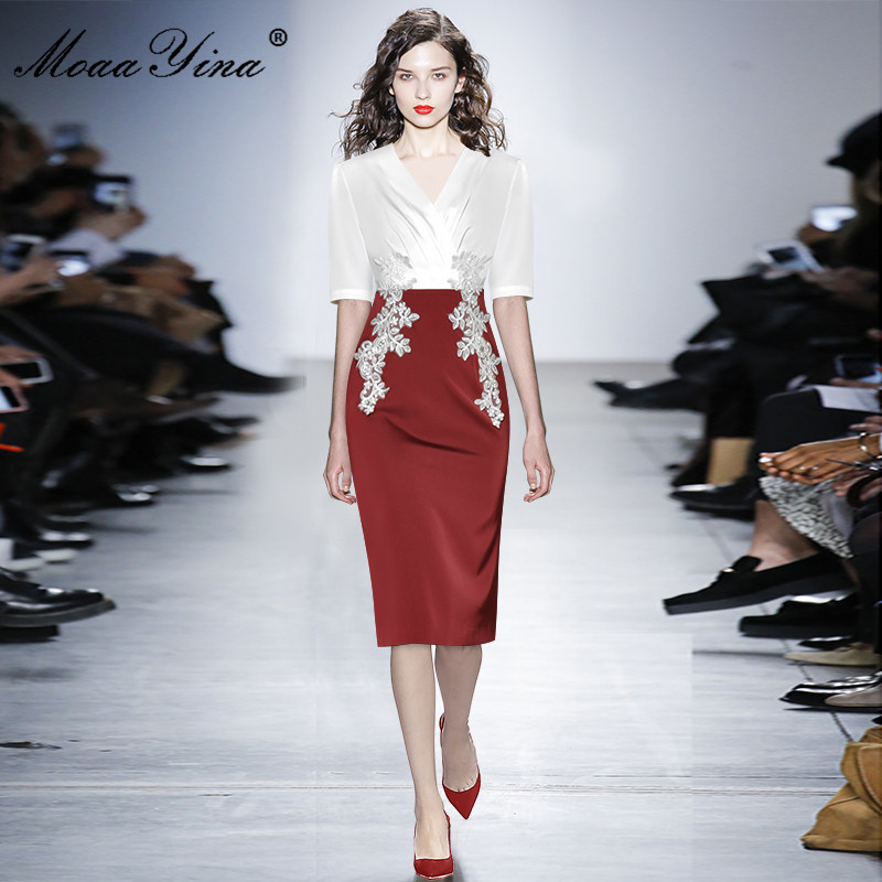 Summer Women's High Street Midi Dress V-neck Short sleeve Applique Embroidery Red White Splicing Slim Pencil 210524