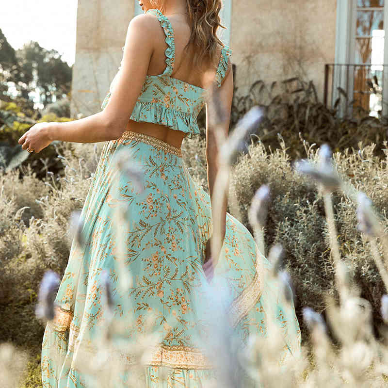 Floral print women summer dress 2 pieces set beach wrap maxi long sleeve casual holiday boho 210415