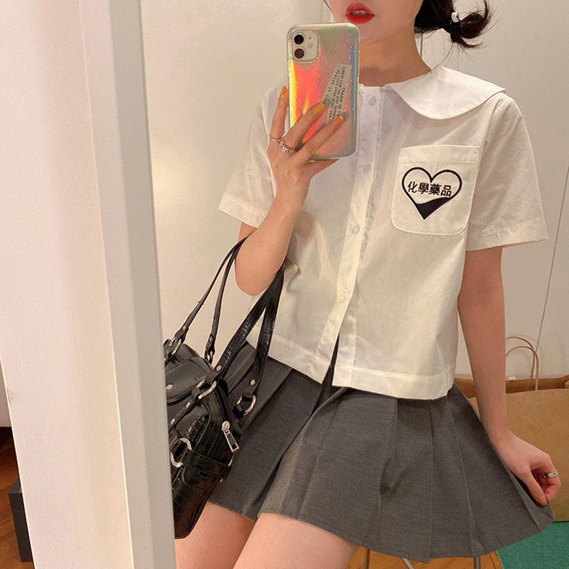korean style embroidery Pocket short sleeve blouse women White blouses loose summer tops (F4299) 210423