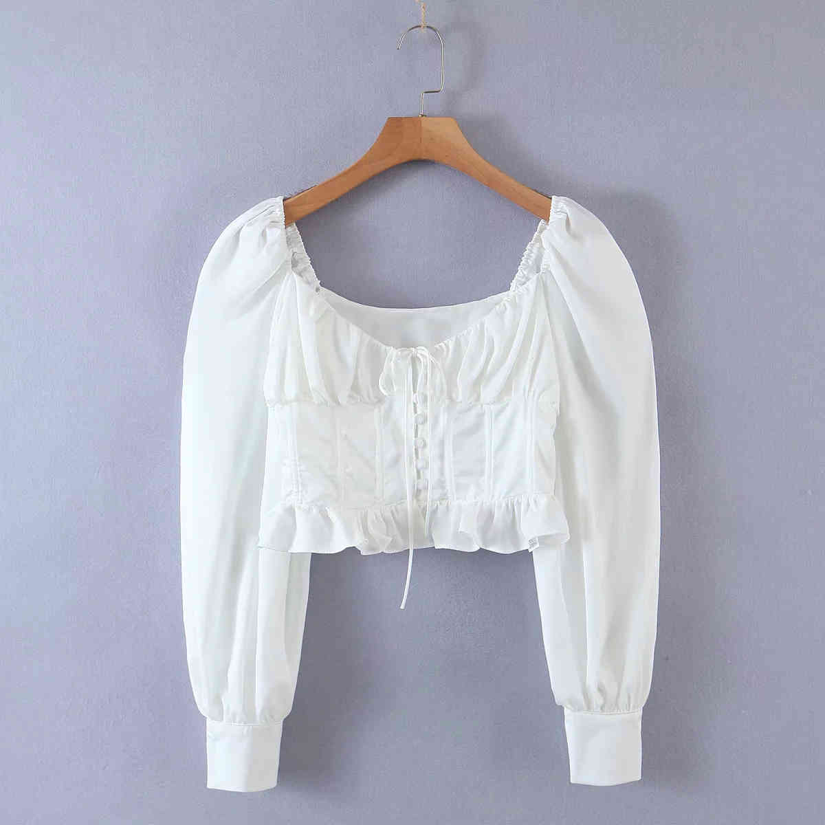 Elegant Long Sleeve Satin Summer Blouse Shirt Women Lace Up Front Crop Top White Short Tops Blusas De Mujer 210427
