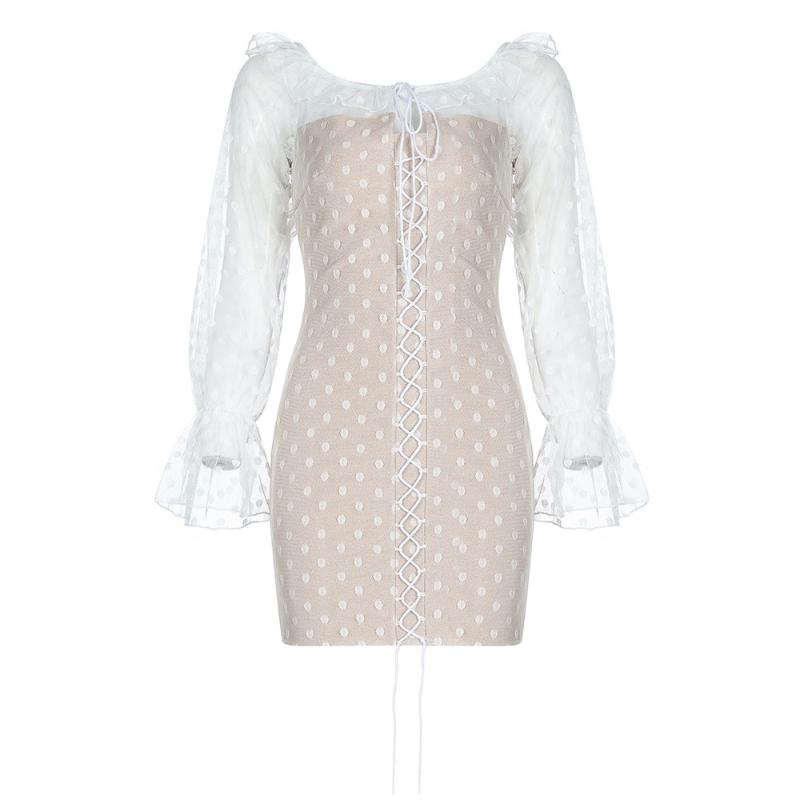 Hight Quality Elegant Women Off Shoulder Full Sleeves Mini Bodycon Bandage Dress Sexy Night Party White Dot Woman Casual Dresses