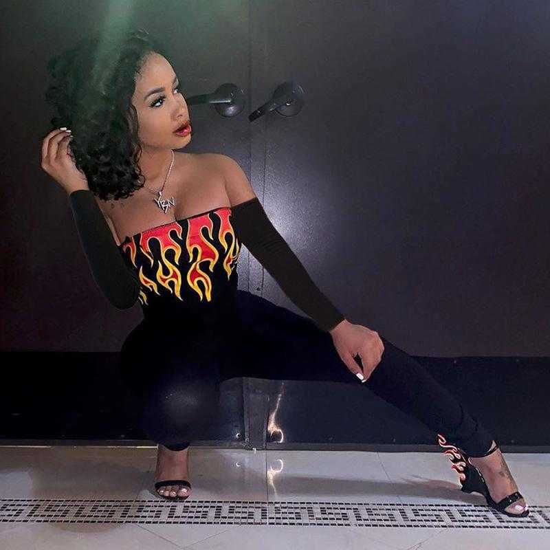 Colysmo Flame Print Sexy Bodysuit Women Off Shoulder Club Party suits Female Black Long Sleeve Mujer Woman Clothes 210527