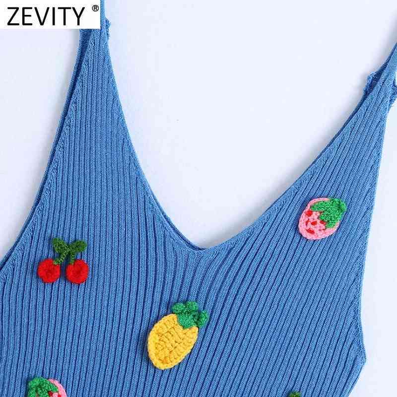 women Sweet Fruit Embroidery Appliques Vest Thin Sweater Ladies Basic V Neck Knitted Sling Sweaters Female Summer Chic Tops S806 210419