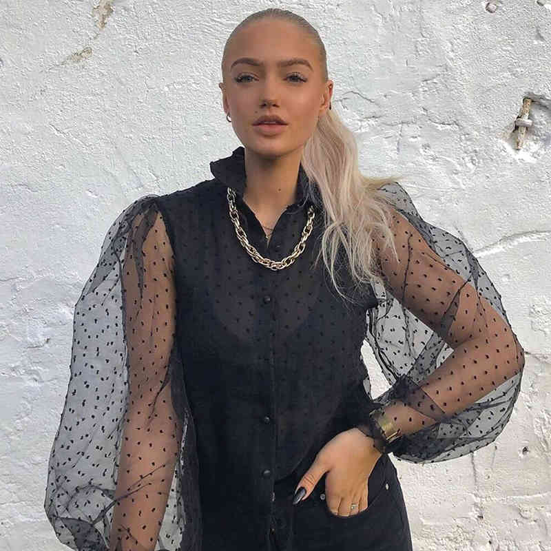 Women Black Organza Blouse Transparent Turn Down Collar Long Puff Sleeve Shirt Female Ladies Tunic Tops 210508