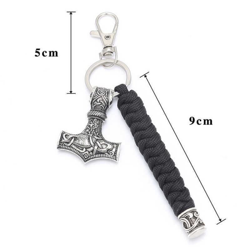 Vintage Handmade Keychain Viking Rune Hammer Car KeyRing Mjolnir Outdoor Mountaineering Survival Braided Rope Men Norse Jewelry G1019
