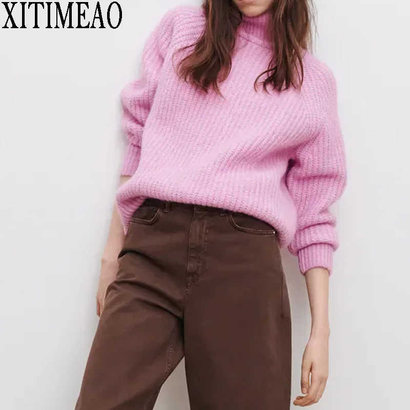 ZA Autumn Winter Women High Collar Sweaters Pullovers Warm Minimalist Solid Color Knit Shirt Lady Chic Tops XITIMEAO 210602, Pink
ZA Autumn Winter Women High Collar Sweaters Pullovers Warm Minimalist Solid Color Knit Shirt Lady Chic Tops XITIMEAO 210602, Pink