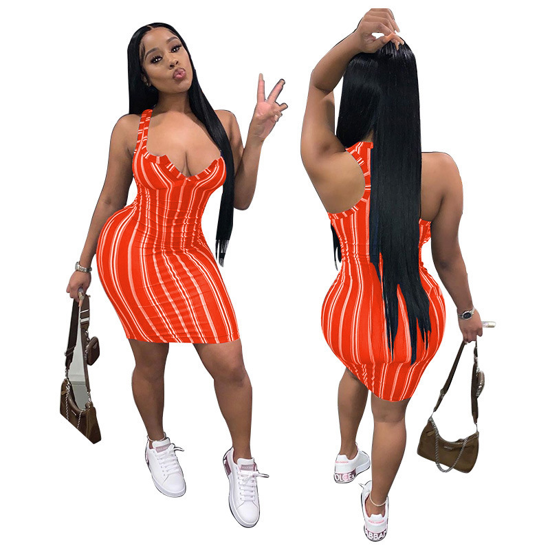 Women Summer Cause Dress Designer Fashion Sexy V-neck Casual Simple Striped Printed Sleeveless Vest Short Skirt
