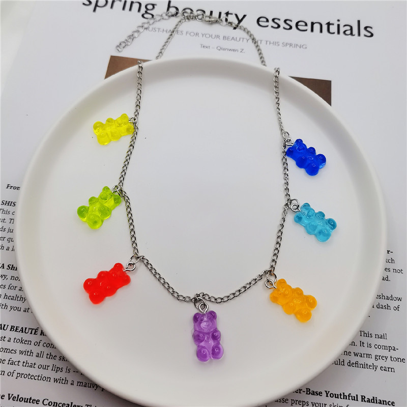 Stainless Steel Handmade Candy 7 Color Cute Judy Cartoon Bear Charm Necklace for Women Girl Daily Jewelry Party Gifts Y0420