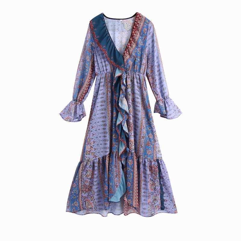 Vintage Women Dress Spring Fashion Prints Long Sleeve V-Neck Ruffles Modern Lady Mid-Calf Vestido 210602