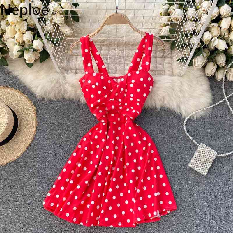 Neploe Woman Dress Fashion Polka Dot V-neck Backless Vestidos Summer Clothes Robe Sweet Sling Mini Dresses for Women 94937 210422