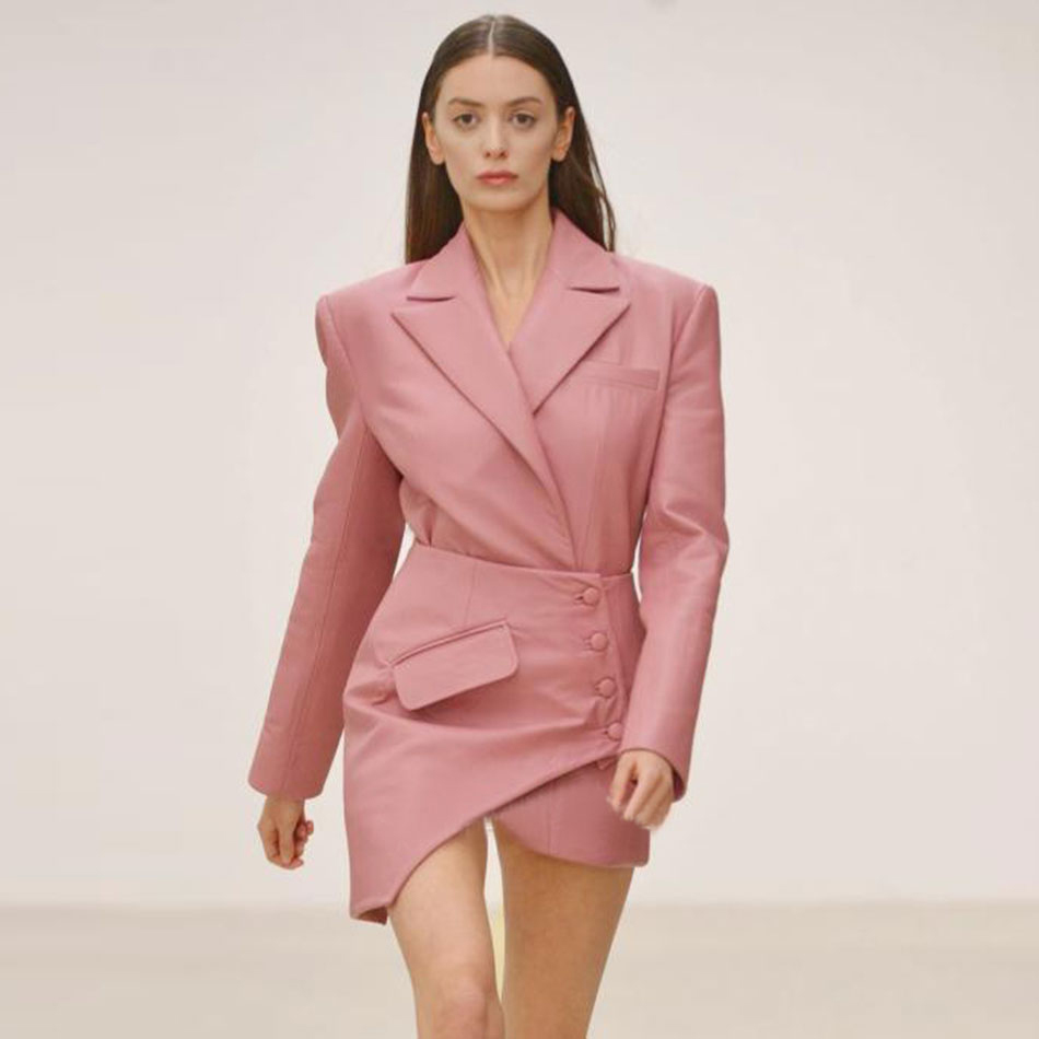 Free Autumn Women's PU Dress Two-piece Sexy Lapel Long Sleeve Girdle Irregular Bodycon Party Vestidos 210524